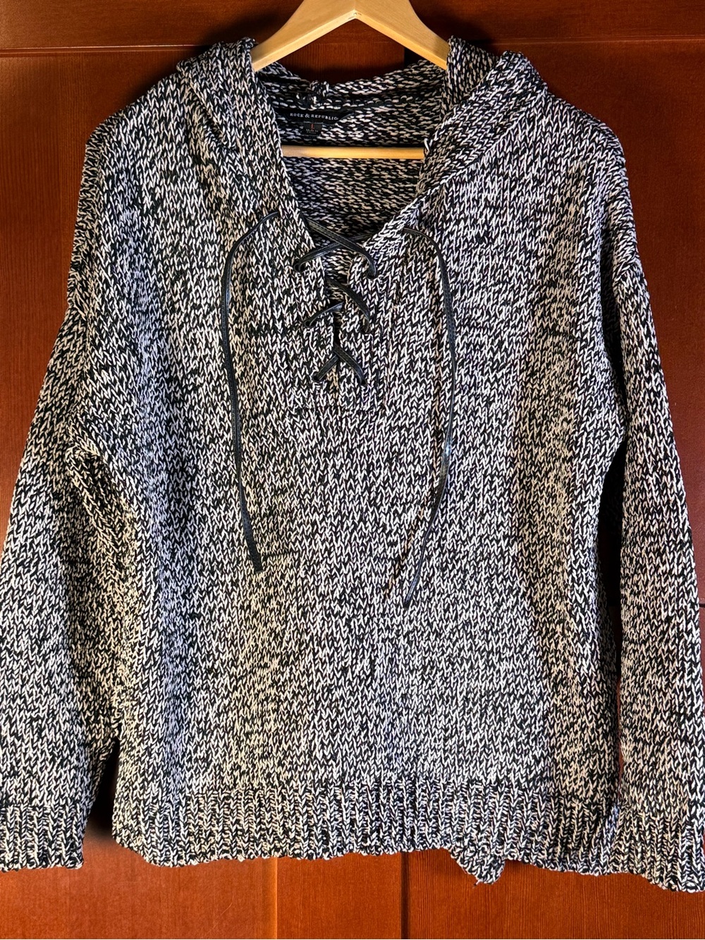 Rock & Republic Marled Lace Up Hooded Sweater Size L